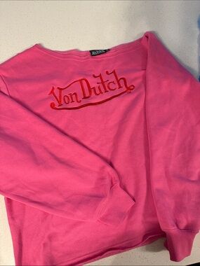 Von Dutch off shoulder Hot Pink Sweatshirt with Red Logo